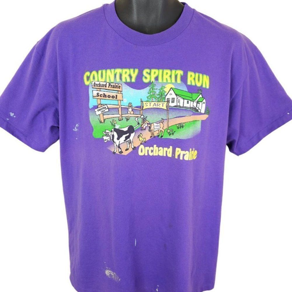 Vintage Country Spirit Run T Shirt Mens Size Large 90s Orchard Prairie Cow Goat